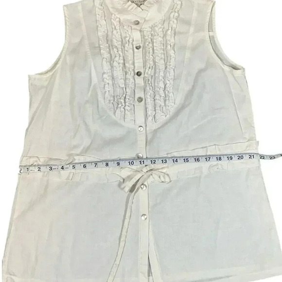 SANDRO Size Large White Drawstring Waist Ruffled Sleeveless Linen Blend Blouse - Picture 11 of 12
